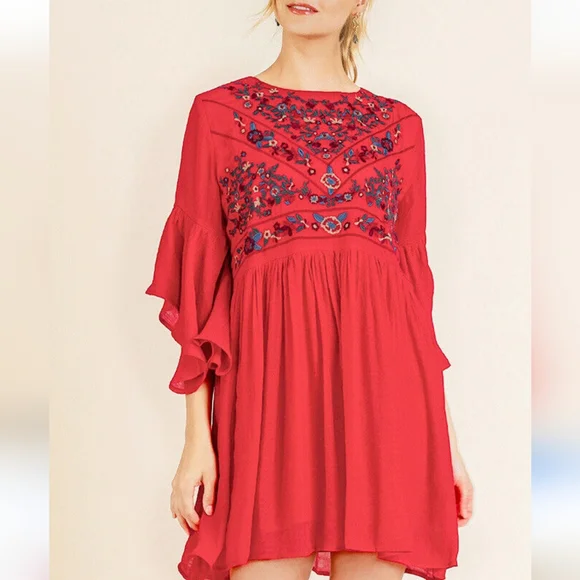 Altar'd State Embroidered Boho Dress in Red Bell Sleeve Flowy Bohemian - Picture 2 of 7